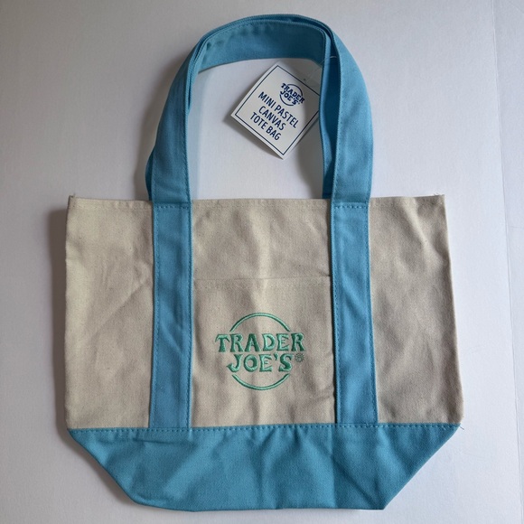 Trader Joe's Blue and Cream Mini Pastel Canvas Tote Bag Limited Edition - Picture 1 of 7